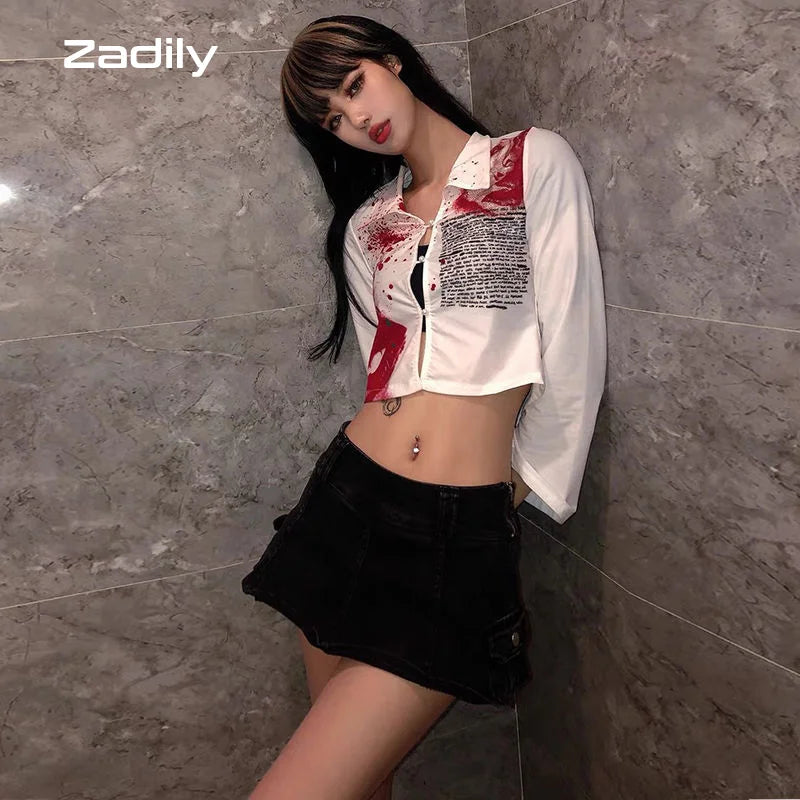 Stylish Y2K Slim Fit Long Sleeve Printed Crop Top for Women, perfect for parties and trendy autumn outfits by Zadily.