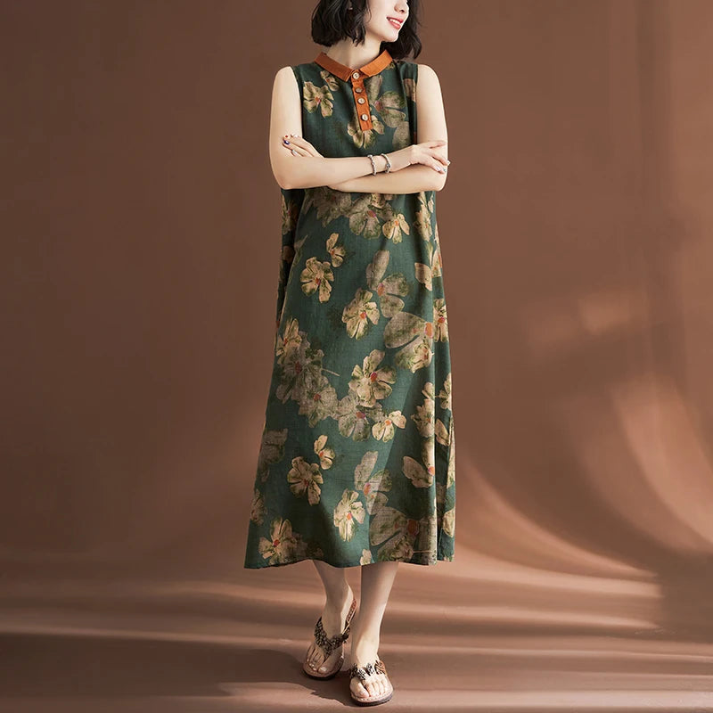 Printed Linen Sleeveless Dress for Women Summer Casual