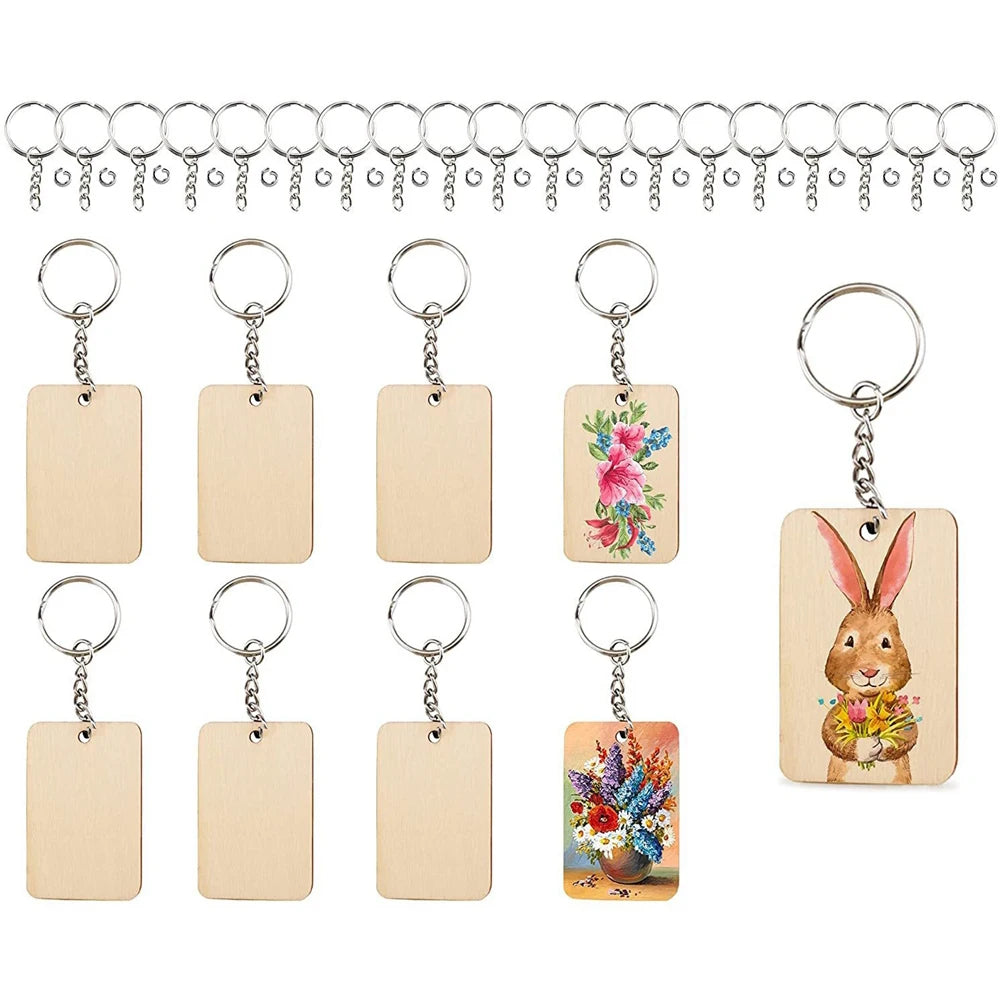 30 Piece Wooden Keychain Blanks Set with Rectangle and Round Ornaments for DIY Crafts, perfect for creative projects.