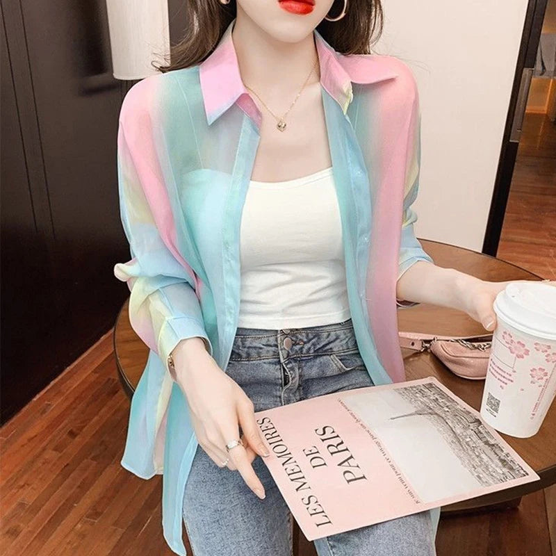 Stylish Irregular Gradient Rainbow Color Sheer Turn-Down Collar Long Sleeve Loose Fit Women’s Casual Blouse Top.
