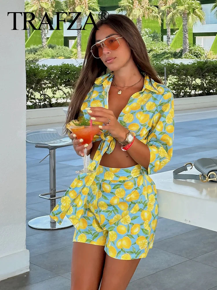 Stylish TRAFZA Women Two Piece Set Yellow Fruit Print Lace Up Cropped Shirt with High Waist Zipper Shorts Pockets Summer Beachwear.