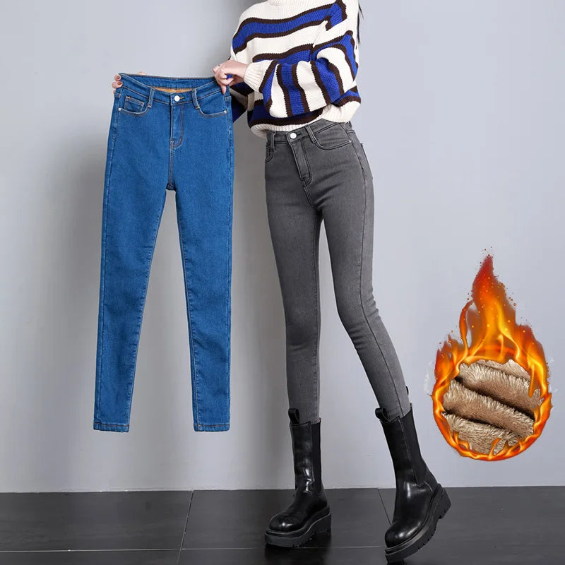 Women Thermal Jeans Fleece Lined Warm Winter Trousers