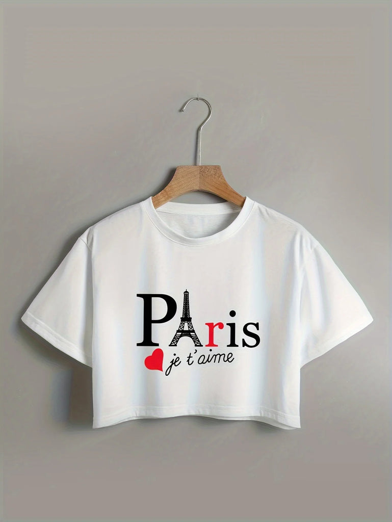 Alphabets Print Short Sleeve Crop Top with Crew Neck and Micro Elasticity for Spring Wear