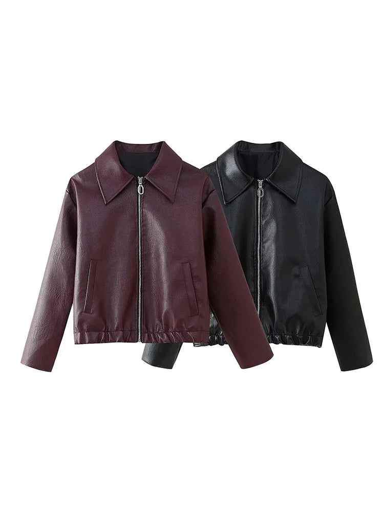 Women's Leather Jacket Square Collar Solid Color Autumn