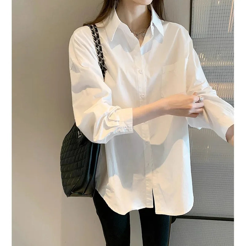 Stylish White Long Sleeve Blouse for Women Casual Loose Fit Office Shirt Simple Elegant Workwear Top, perfect for everyday wear.