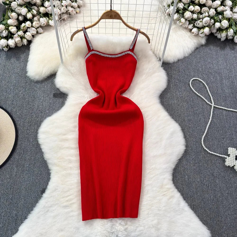 Knit Bodycon Mini Dress With Shimmer Straps For Women