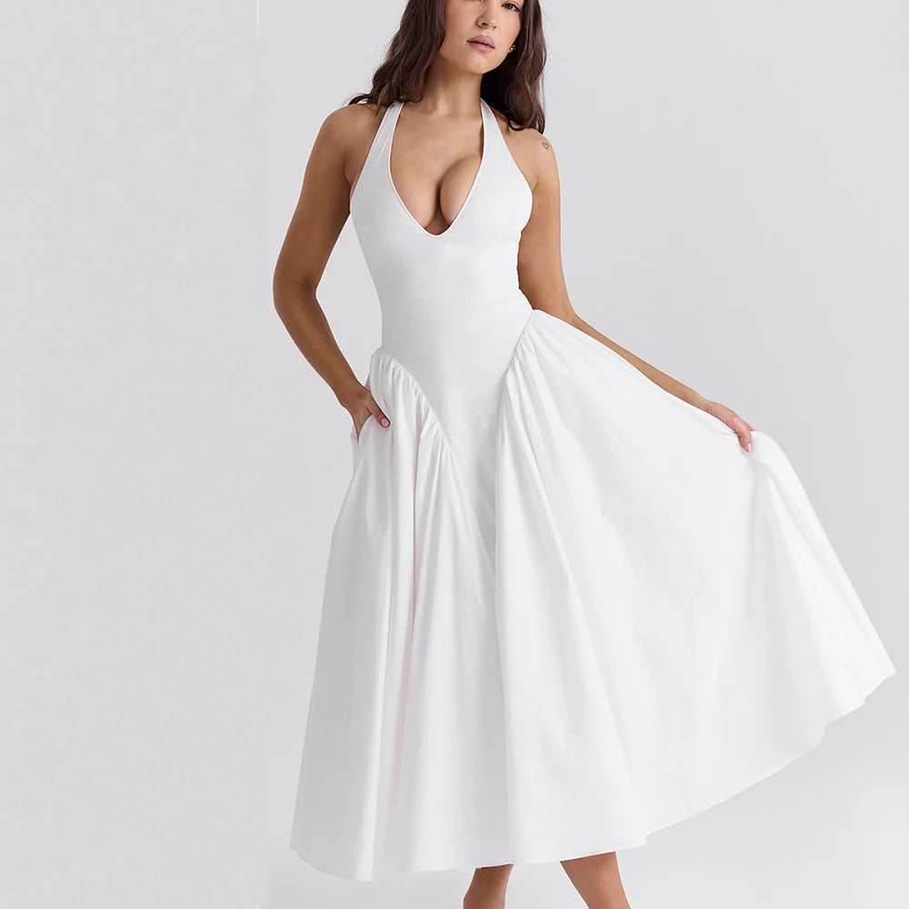 White Halter Neck Maxi Dress Sleeveless Open Back For Women