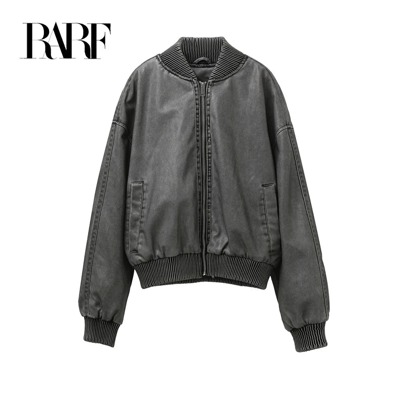 Womens Gray Wash PU Bomber Jacket With Stand Collar