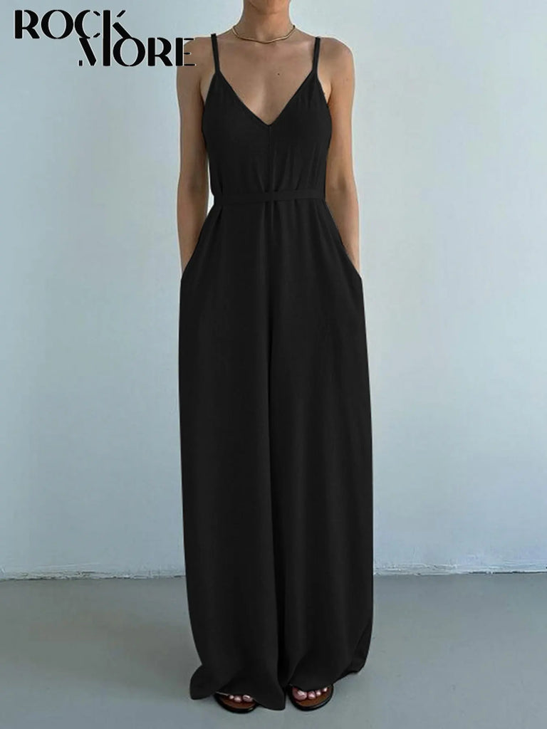 Rockmore Casual Sleeveless V Neck Cotton Linen Jumpsuit Wide Leg Playsuit, perfect elegant vacation outfit for effortless style.