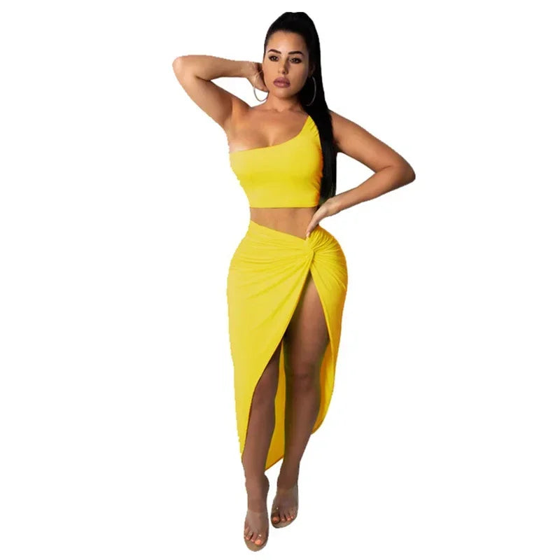 One Shoulder Crop Top Two Piece High Waist Pleated Skirt Set