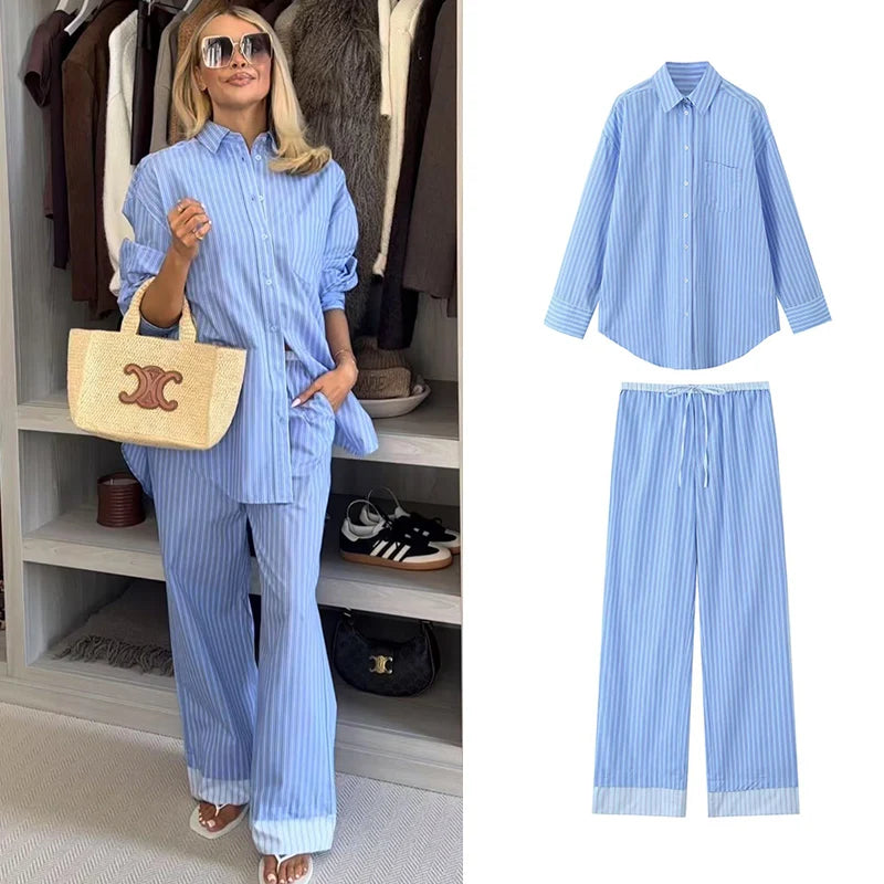 Stylish woman in a Fashionable Stripe Shirt and Wide Leg Pants Set for Women Casual Spring Outfit, perfect for chic outings.