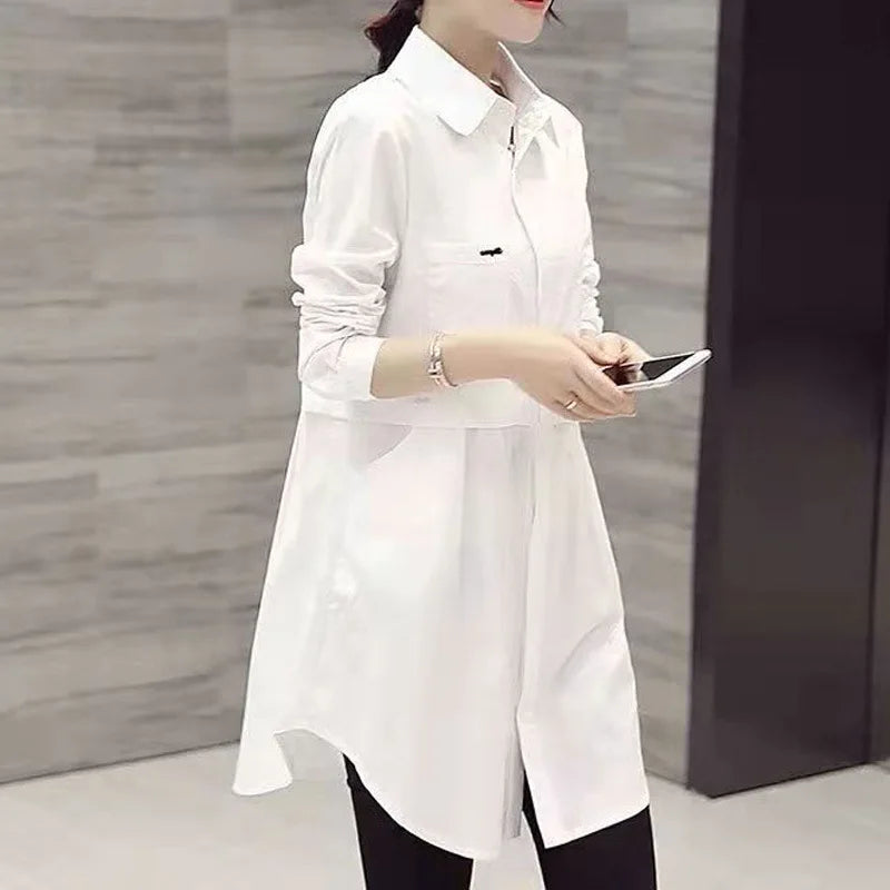 Chic mid-length white polo-neck shirt for women, perfect for spring summer, showcasing elegant Korean-inspired fashion.