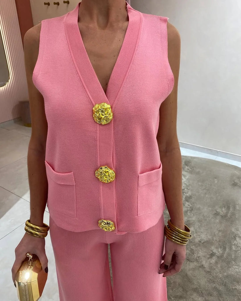 Stylish Gold Button Vest Set with V Neck Design and Baggy Wide Leg Long Pants, perfect for summer outfits.
