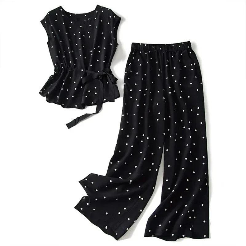 Stylish Polka Dot Two Piece Set with O-Neck Lace Up Short Sleeve Blouse and High Waist Wide Leg Ankle-Length Pants for Women.