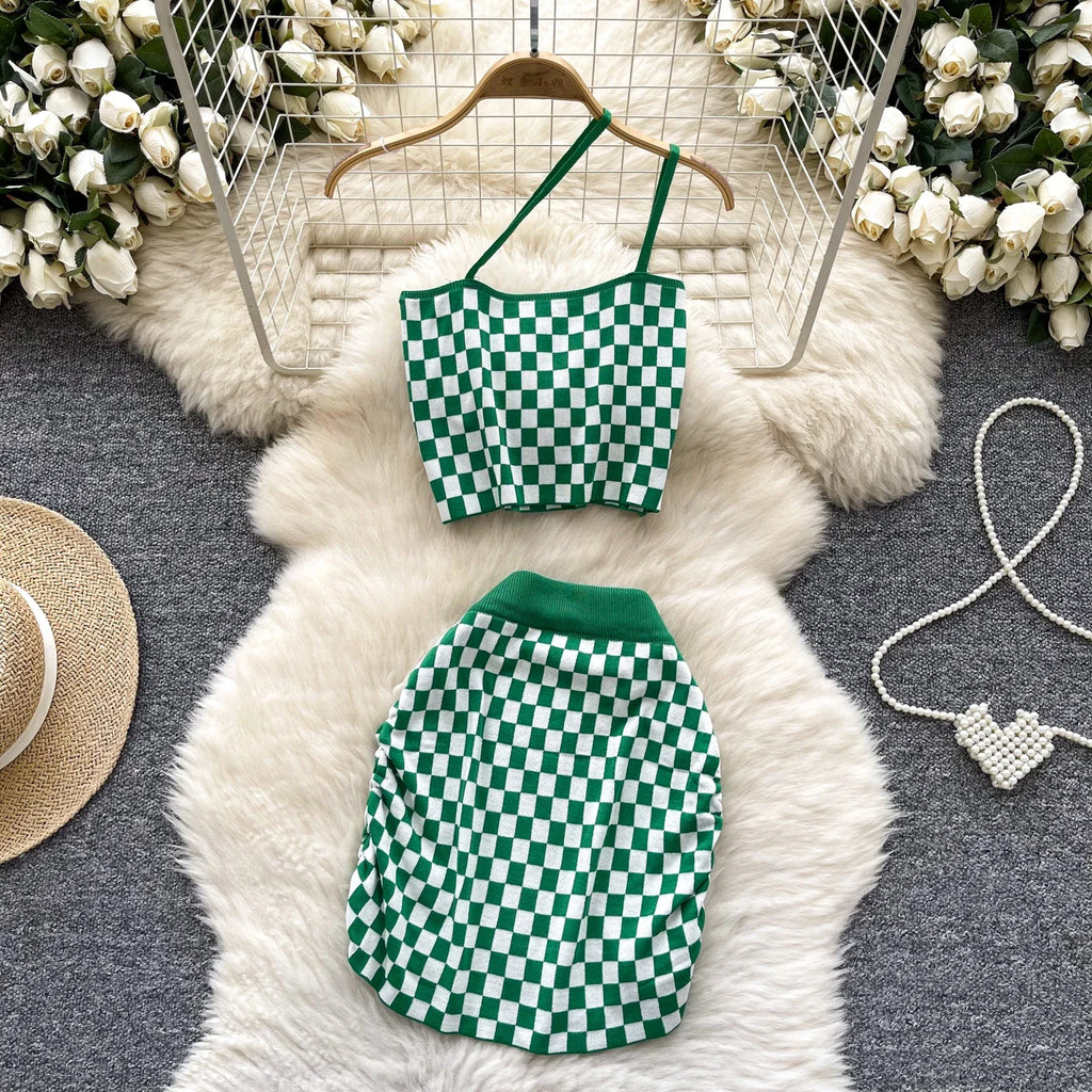 Plaid Knit Set For Women Strapless Top And High Waist Skirt