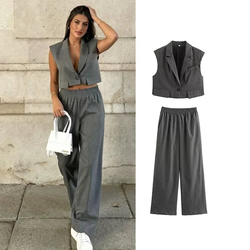 Women’s Striped Two Piece Pants Set with Elastic Waist for Autumn Casual Street Style Chic