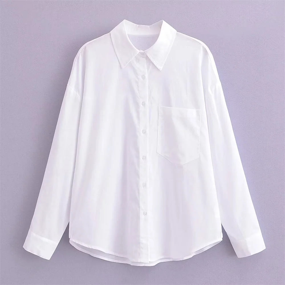 Women's White Pure Linen Long Sleeve Shirt with Pocket Detail Loose Fit Slimming Design, perfect for spring/summer style.