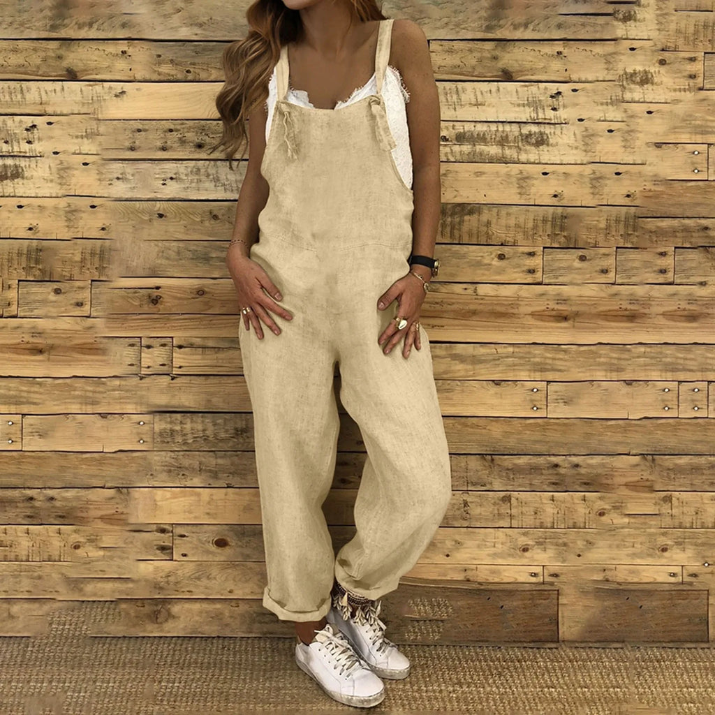 Women Plus Size Casual Loose Overalls Jumpsuit in solid color, perfect for a retro fashion trend, offering comfort and style.