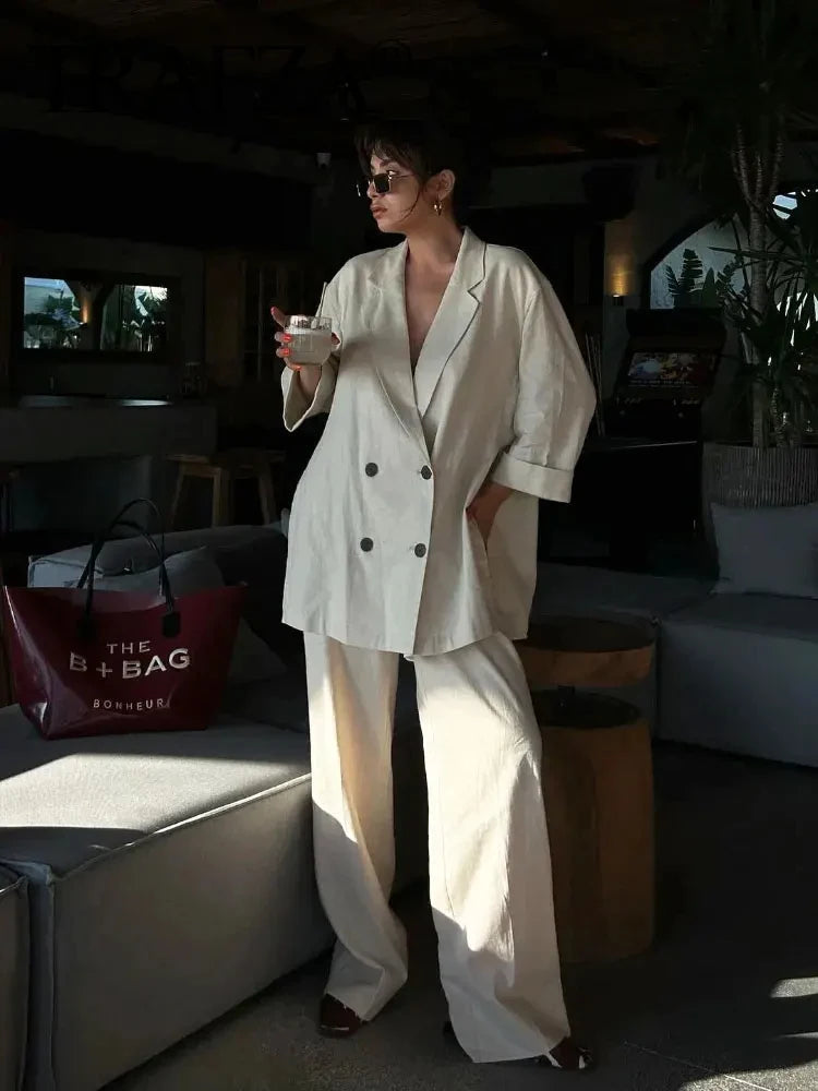 Trendy Women's Commuting Cozy Suit Set with Lapel Wrinkle Effect Double Breasted Coat and Solid Wide Leg Pants