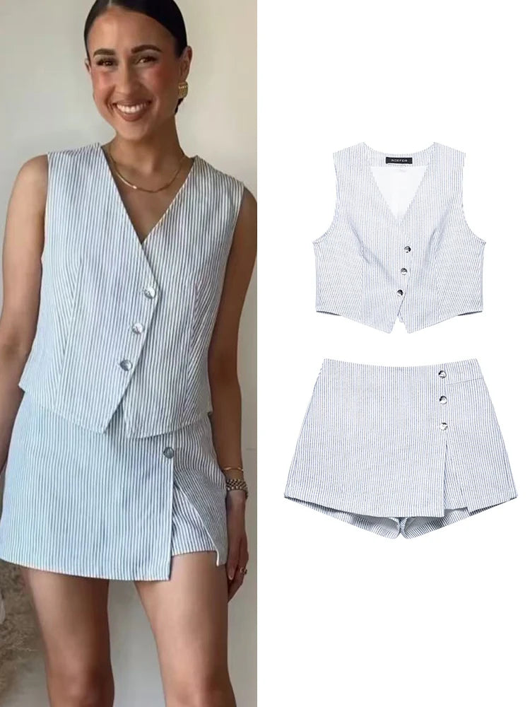 Stylish Women’s Casual Office Vest and Skirt Shorts Set Striped V-Neck Sleeveless Top with Side Slit Shorts for summer.