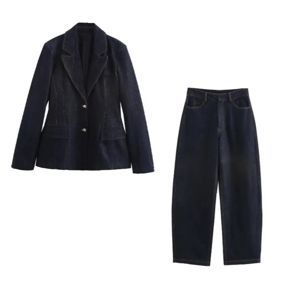 Stylish Women's Slim Fit Denim Blazer Suit with Long Sleeve Jacket and Straight Leg Trousers Set for versatile occasions.