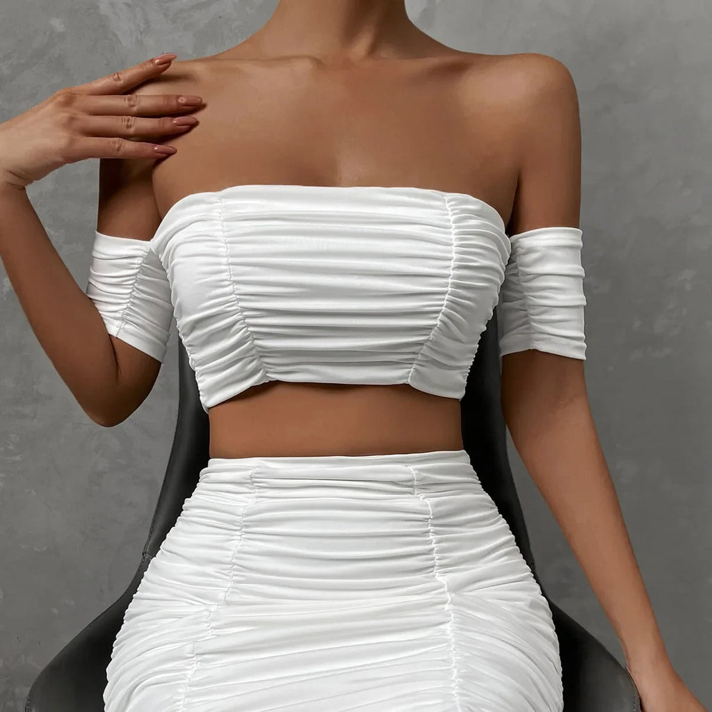 Fashionable Casual Women’s Two-Piece Set with Short Sleeve Bodycon Skirt and Sexy Shoulder Cutouts Summer Outfit