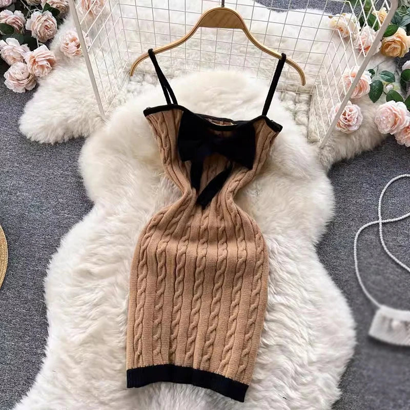 Elegant Knit Strap Mini Dress Women Slim Fit Summer