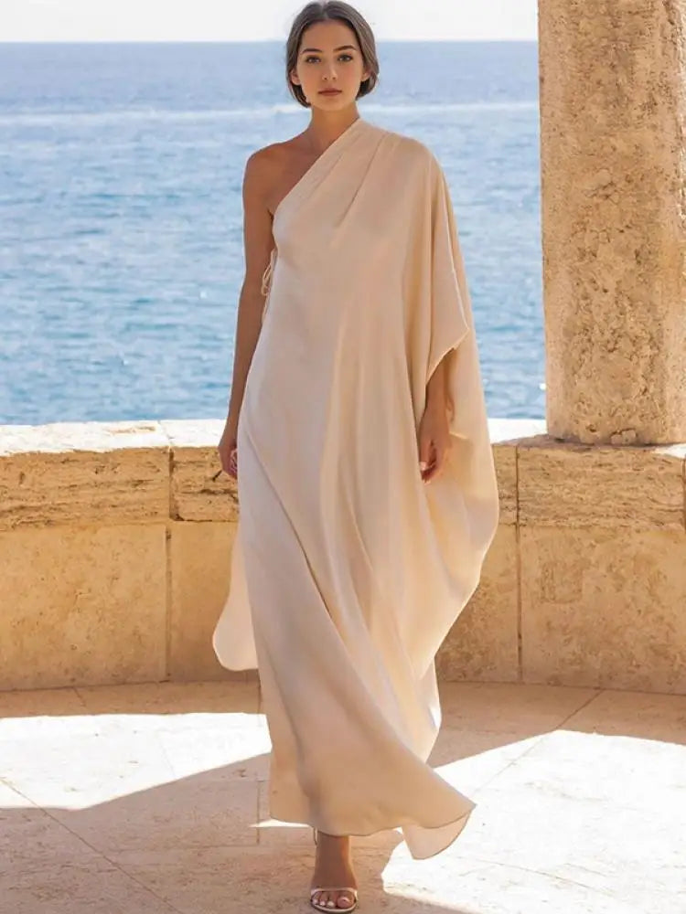 One Shoulder Batwing Sleeves Maxi Dress Solid Sundress