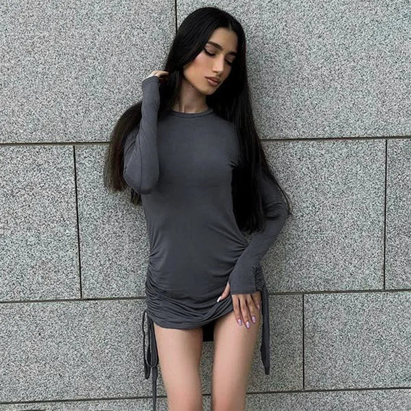 Y2K Ruched Bodycon Mini Dress Long Sleeve Black Party