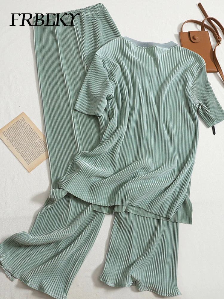 Women's Summer Two Piece Wide Leg Pants Set With Round Neck Tee Top High Waist