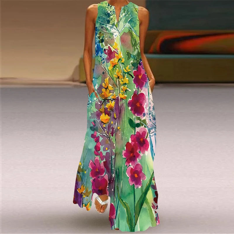 Sleeveless V Neck Printed Maxi Dress for Summer Heat