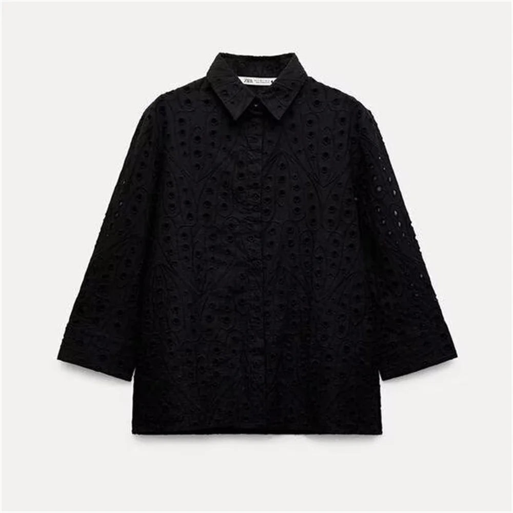 Stylish Women's Autumn Hollow Embroidery Poplin Lapel Single Breasted Shirt, perfect for office and casual wear.