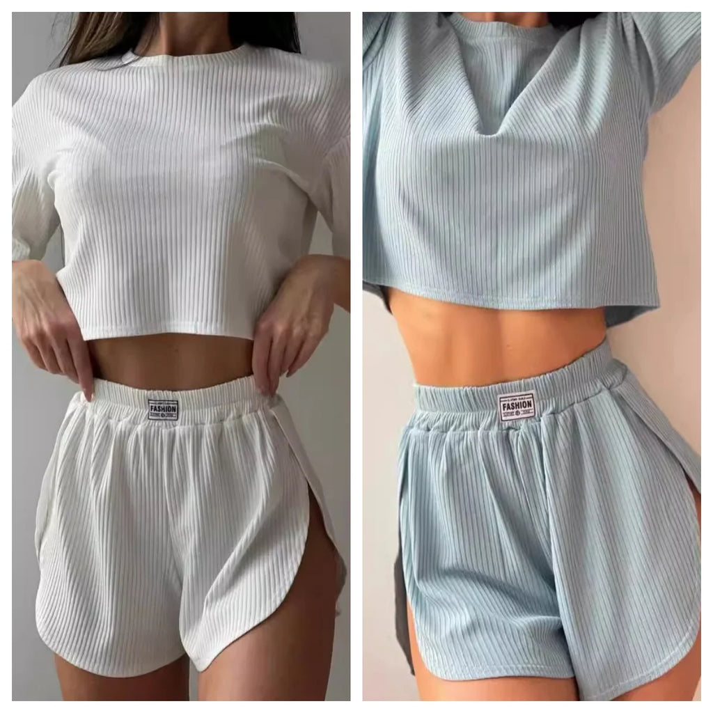 Knitted Two Piece Pajama Set for Women features a loose fit crop top and comfy shorts for stylish summer sleepwear.