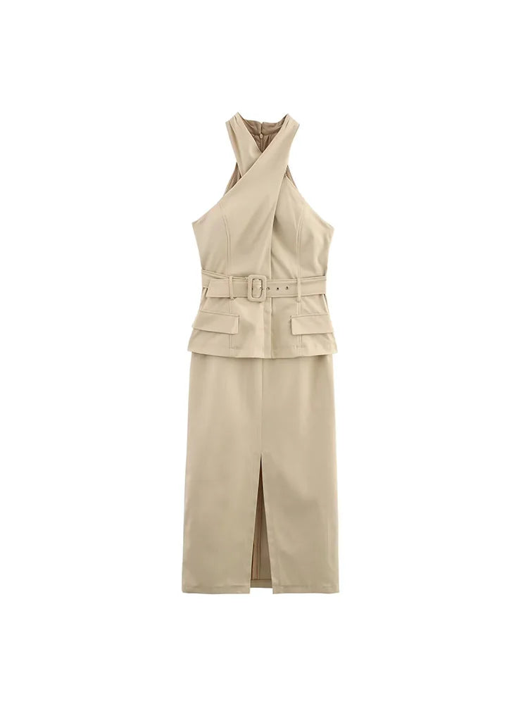 Women Summer Midi Tank Dress Belted V Neck Sleeveless