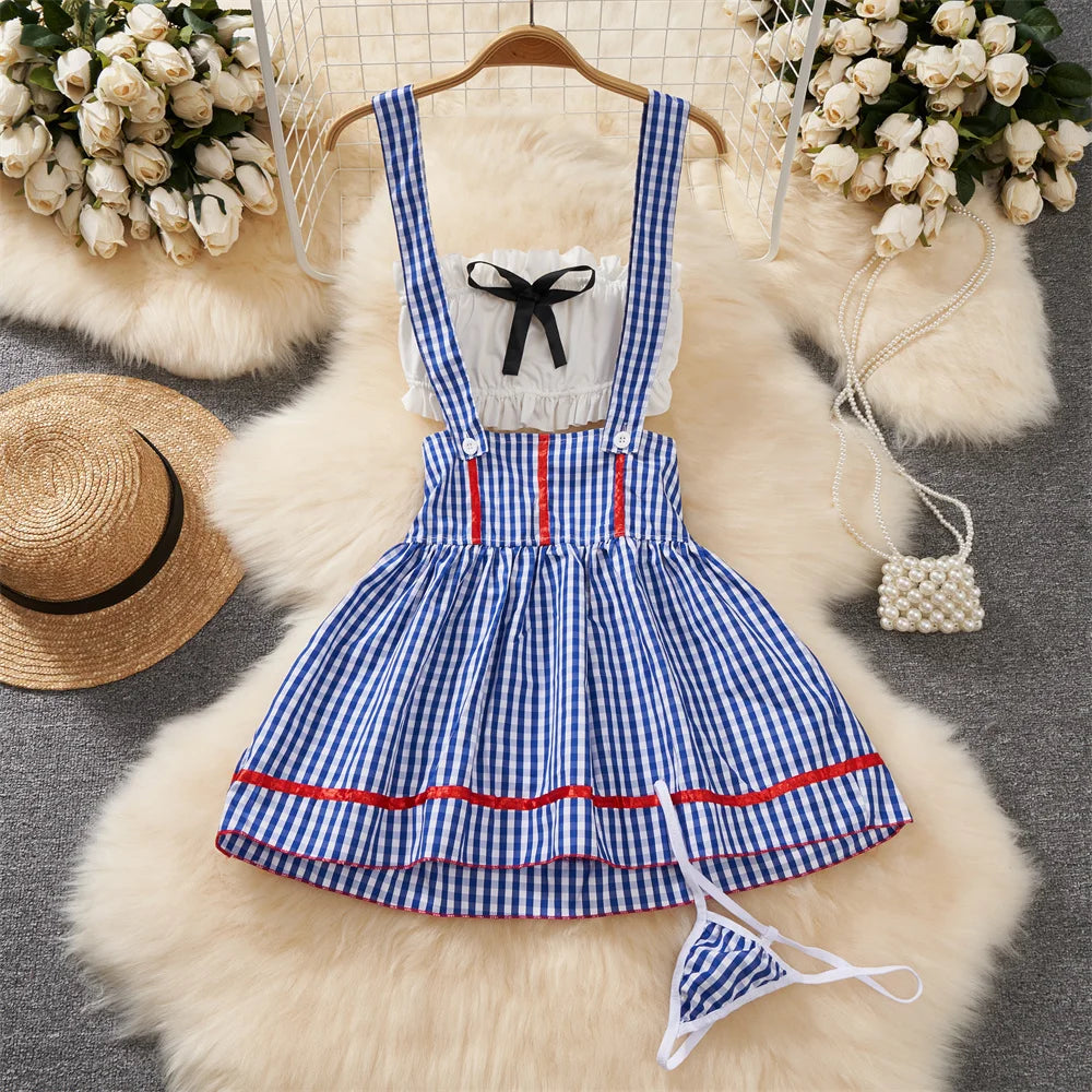 Sexy Girls Lingerie Set with Ruffle Bow Crop Top and Kawaii Plaid Short Strap Skirt Sweet Japanese Inspired Cute Intimate Apparel
