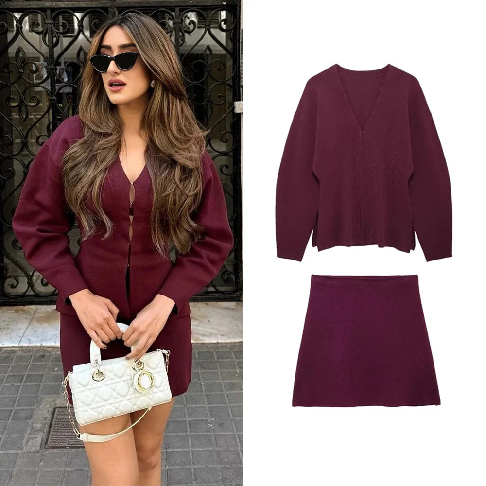 Womens Autumn Winter Skirt Set Cardigan Sweater Top