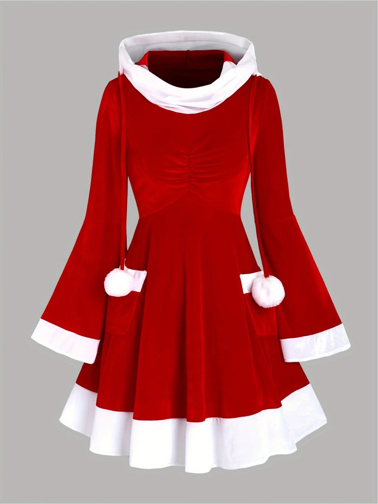 Red Santa Hooded Dress For Christmas Party Women Slim Fit