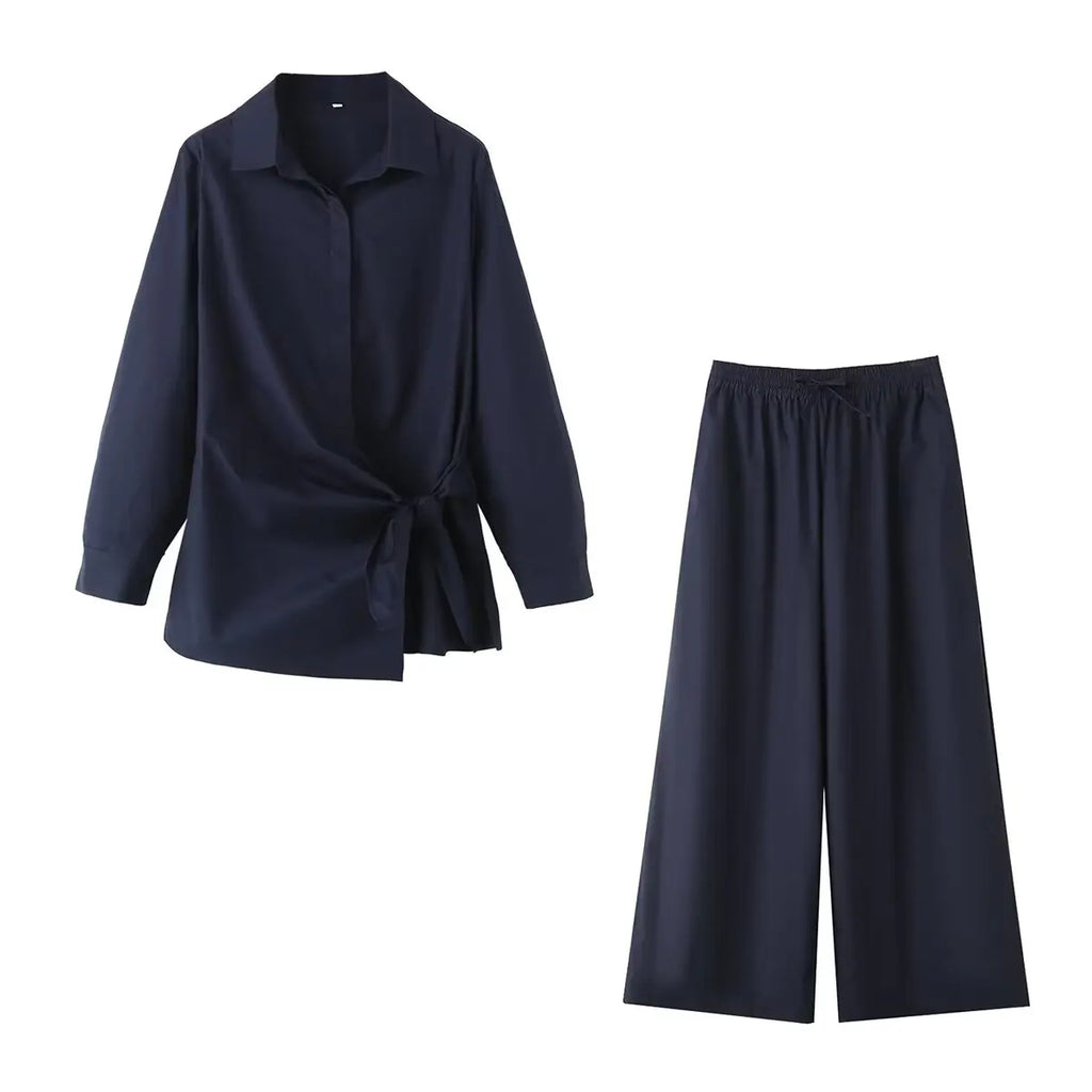 Autumn Two Piece Set For Women Poplin Button Down Shirt And High Waist Long Pants Casual Outfit
