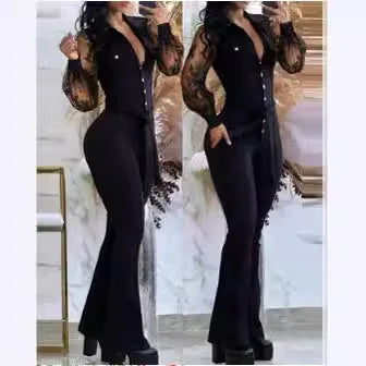 Stylish Elegant Autumn Jumpsuit for Women with Tied Detail, Turn-Down Collar, Long Sleeves, Flared Pants at your store.
