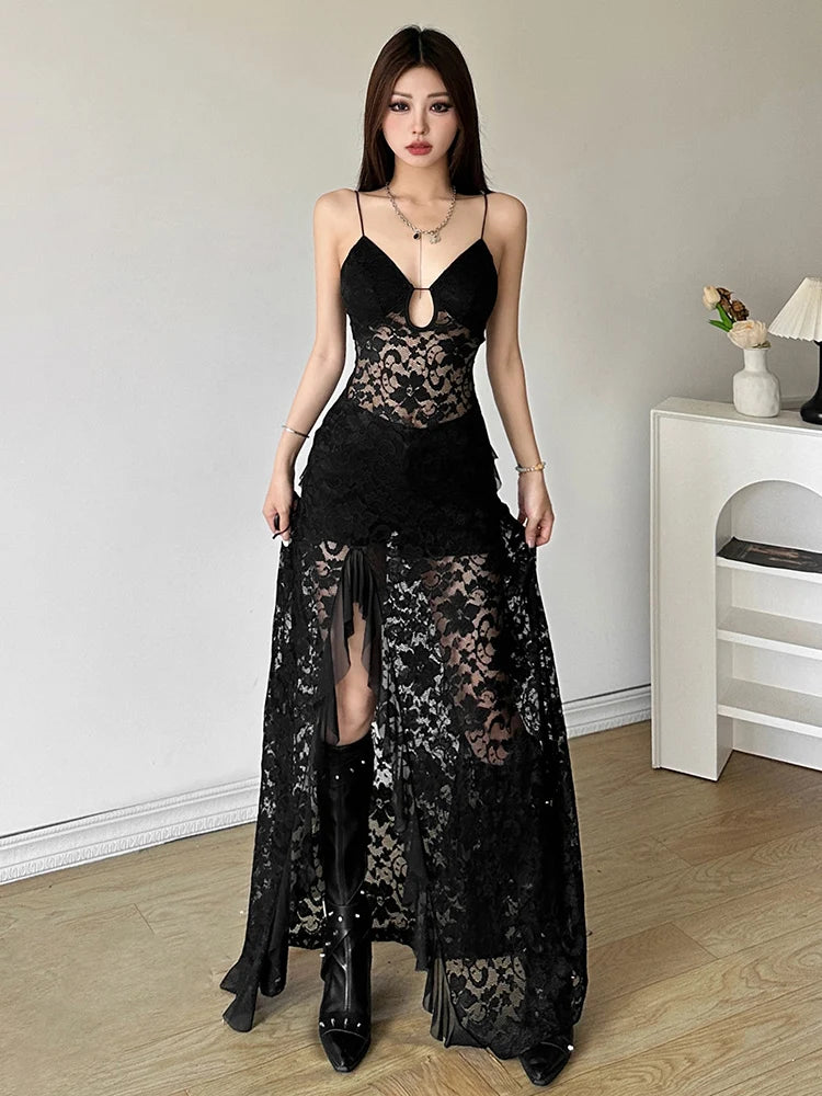 Sexy Sleeveless Lace Maxi Dress Backless V Neck Slit