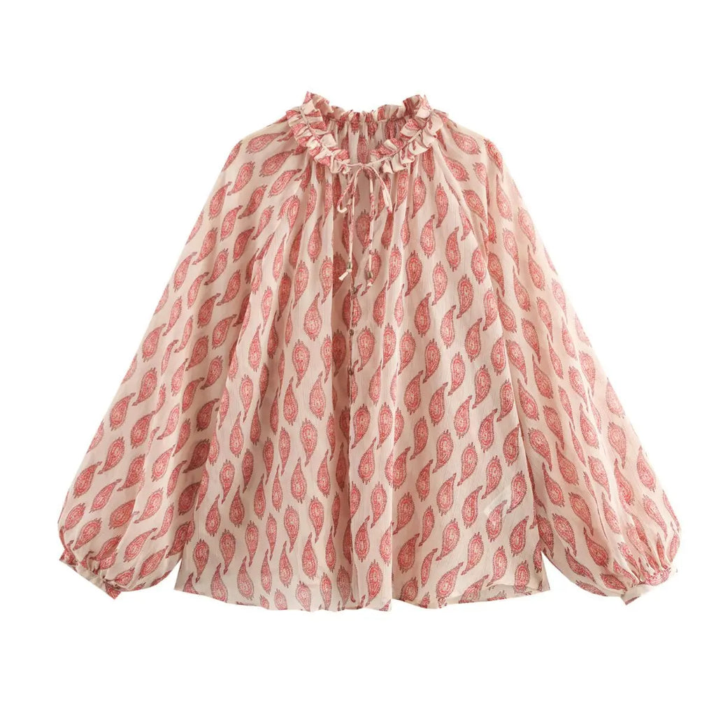 ZBZA Womens Printed Shirt with Metallic Thread Ruffle Collar Drawstring Long Sleeve Single Breasted Chic Top in pink.