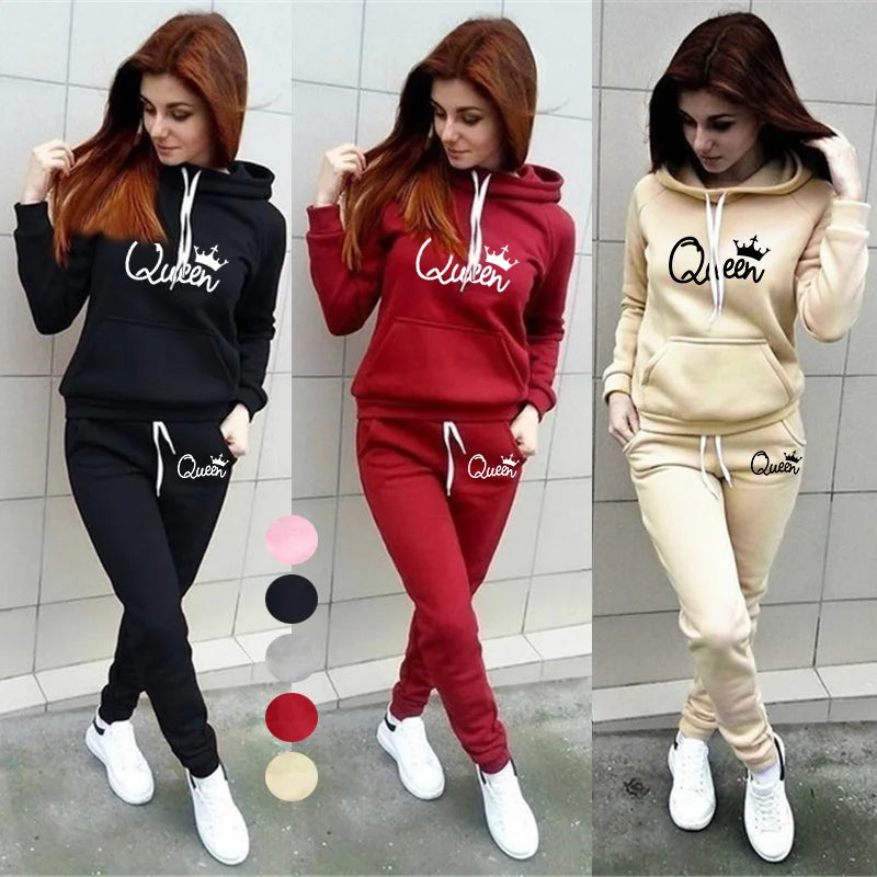 Stylish Queen Printed Hoodie and Jogging Pants Set for Women, a trendy pullover and bottoms 2 piece outfit for casual wear.