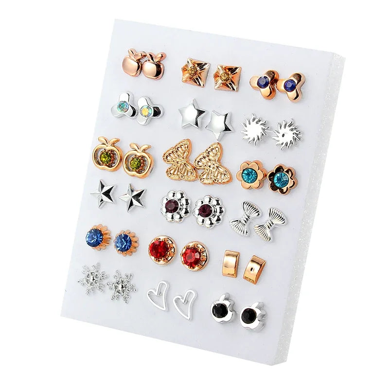 Colorful 18 Pairs Gold Silver Enamel Pearl Flower Heart Stud Earrings Set for Women, perfect jewelry gift mix styles.