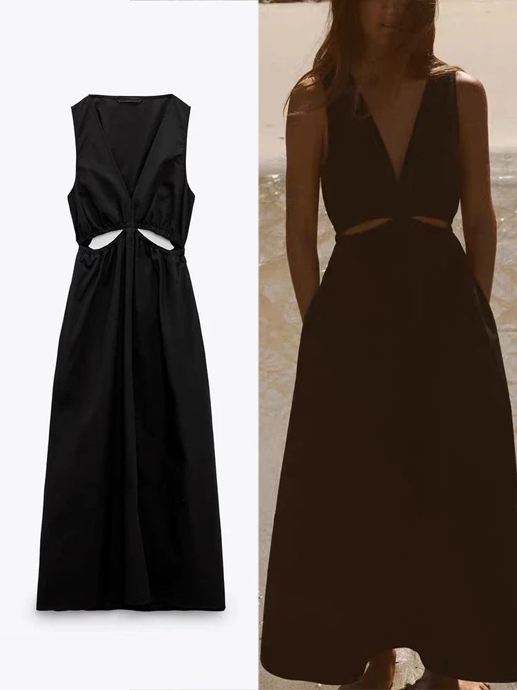 Backless Hollow Out Party Dress With V Neck Sleeveless