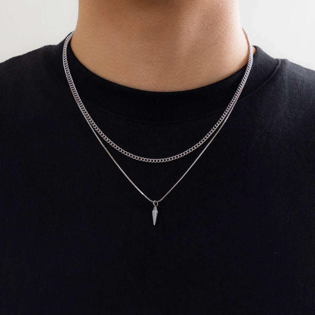 Stylish Stainless Steel Rivet Pendant Snake Chain Necklace Set for Men Punk Silver Cuban Link Choker, perfect for bold looks.