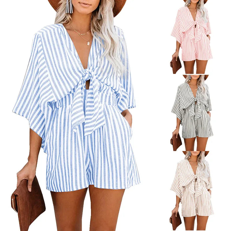 Stylish Women’s Summer Slimming Striped Jumpsuit with Deep V Neck, Flared Three Quarter Sleeves, and Wide Leg Pants.