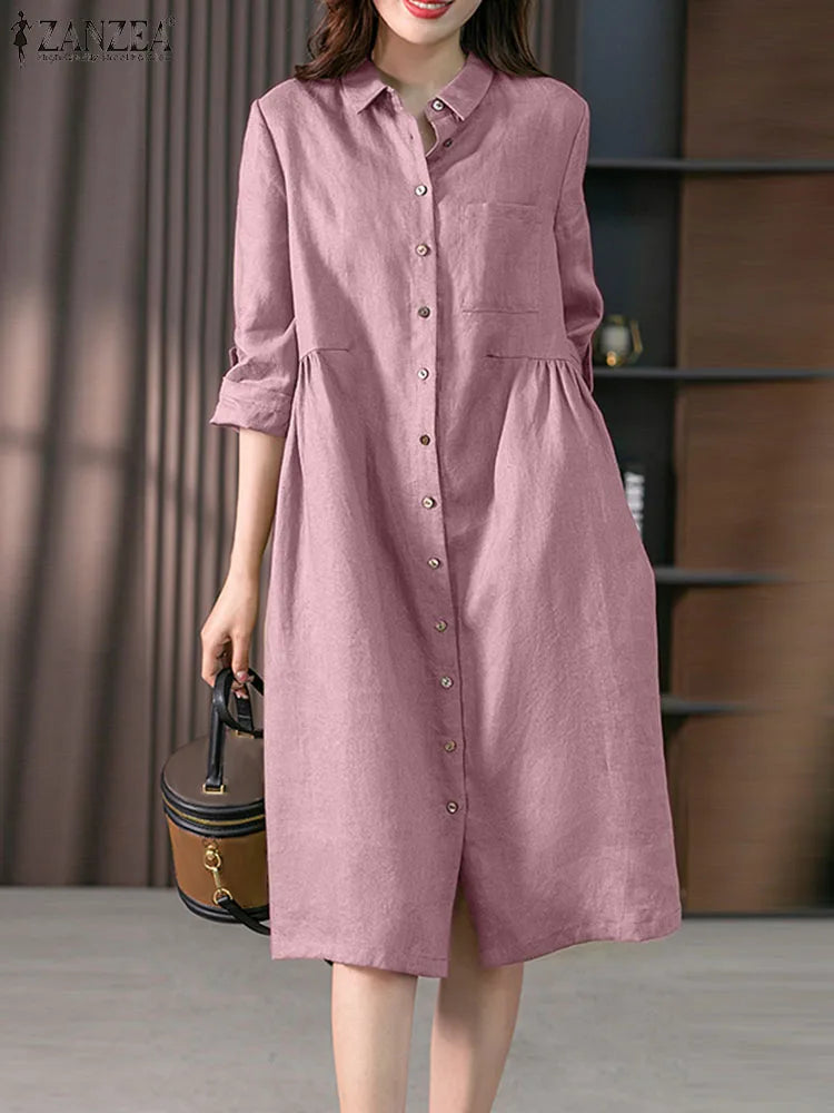 Women Casual Shirt Dress Long Sleeve Midi With Pockets