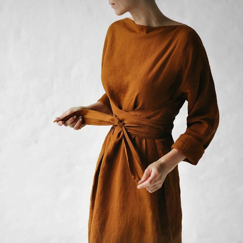 Audrey Hepburn Style Round Neck Puff Sleeve Maxi Dress Belted