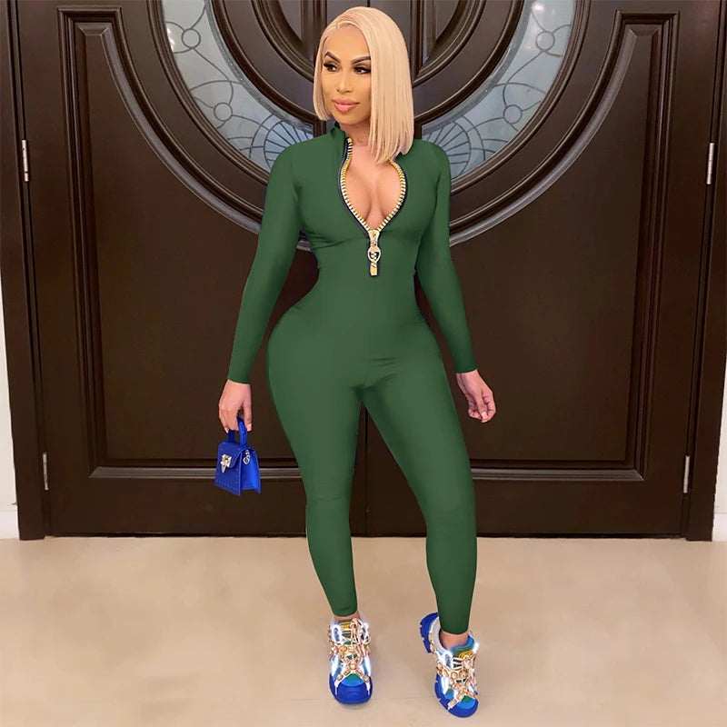 Stylish Women's Bodycon One-Piece Jumpsuit with Long Sleeves and Large Front Zipper, perfect for workouts and casual outings.