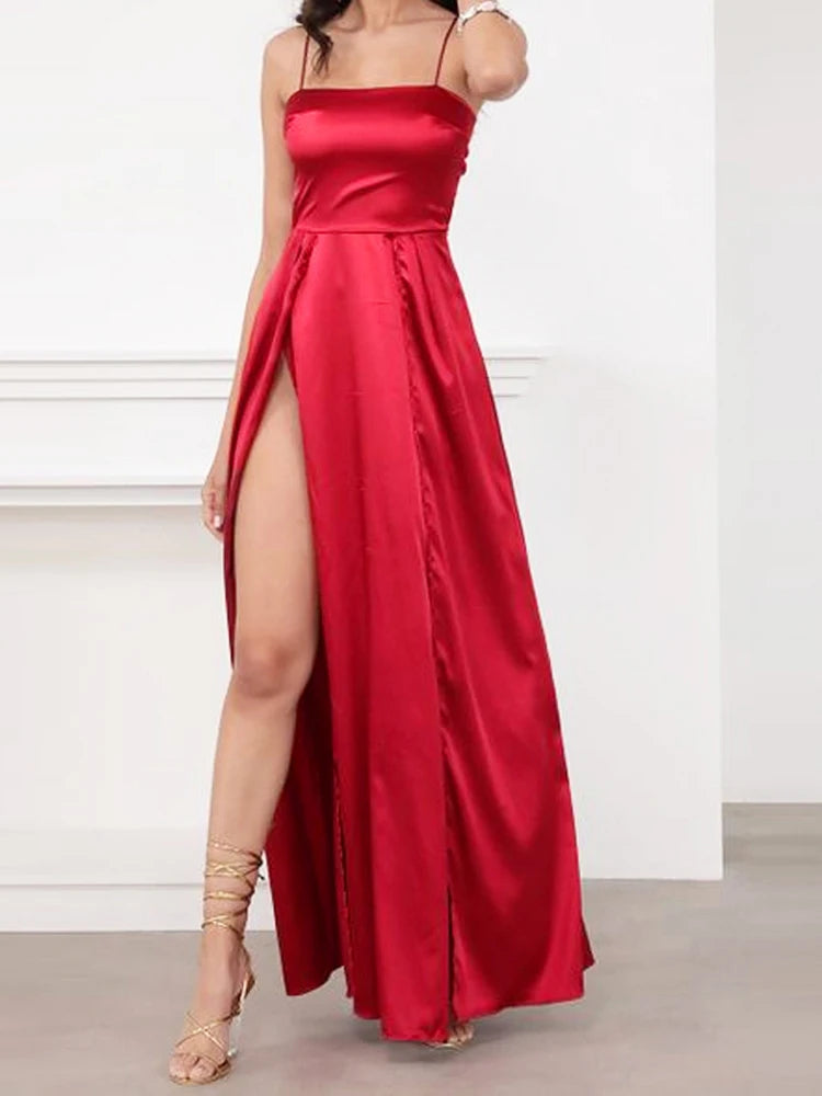 Satin Strapless Maxi Dress Backless With Bow And Lace Up